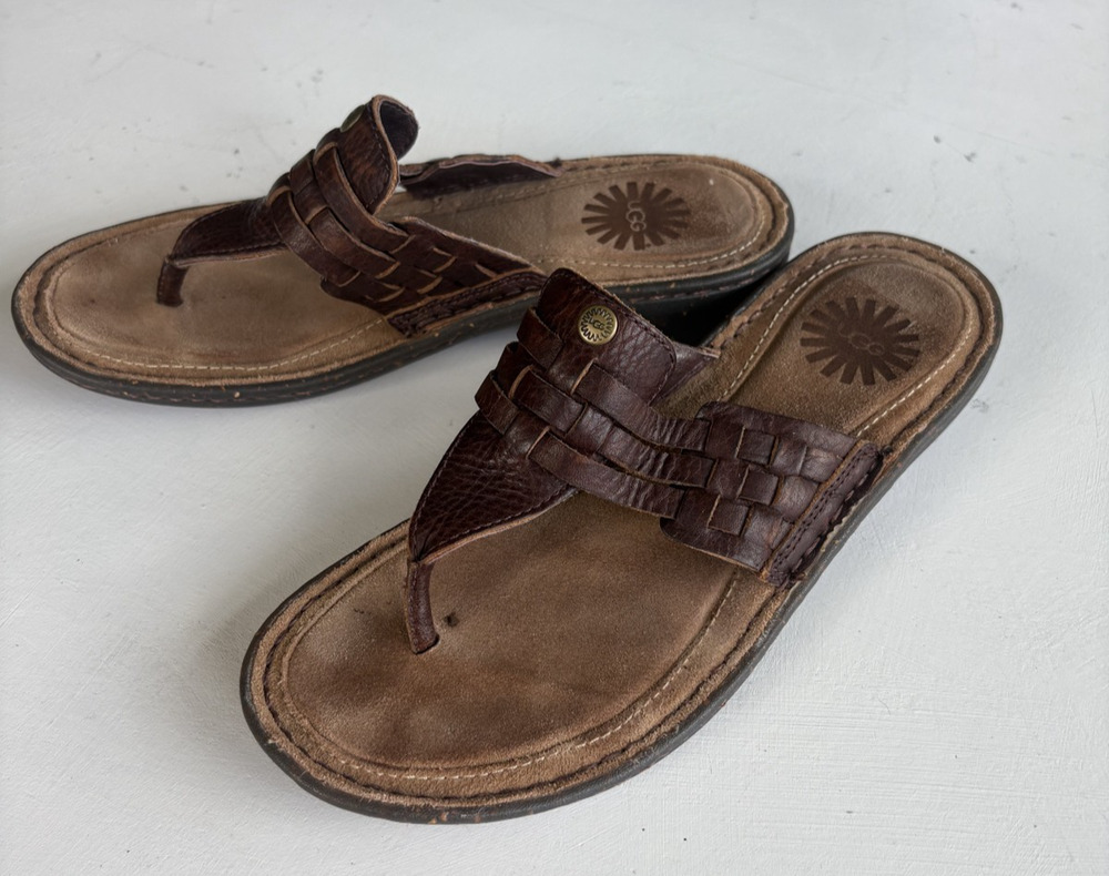 UGG Australia Jenaya 1007561 Brown Leather Sandals Womens 6 Woven Open Toe Thong